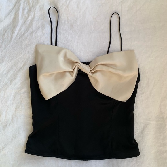 Reformation Natalie Satin Silky Bow Ribbon Strapless Tube Cami Top Black Cream - Picture 4 of 8